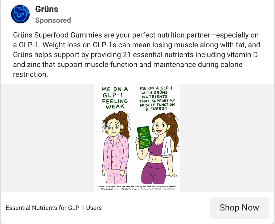 Grüns ad, GLP-1 muscle loss angle: before-and-after comic of feeling weak versus supported muscle function on GLP-1