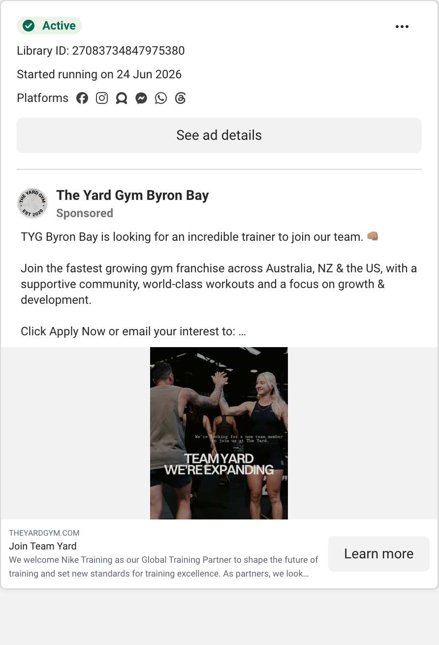 The Yard ad: Team Yard, we're expanding. Trainer recruitment, not a franchise ad.