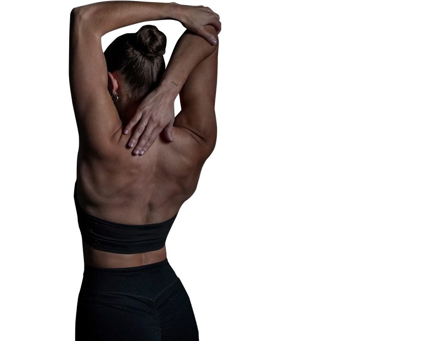 REVL member stretching after a session, black and white